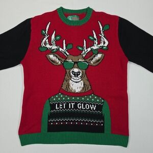 Let It Glow Reindeer Ugly Christmas Sweater Men's M Red Black Holiday Knit
